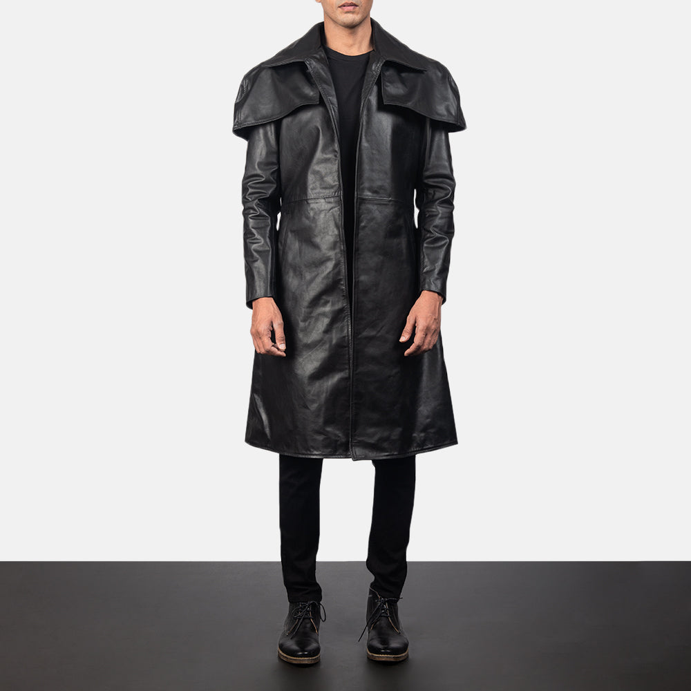 
Classic Nero Leather Duster da Uomo in Black Cowhide Leather - Vista frontale e silhouette sartoriale | Acquista online