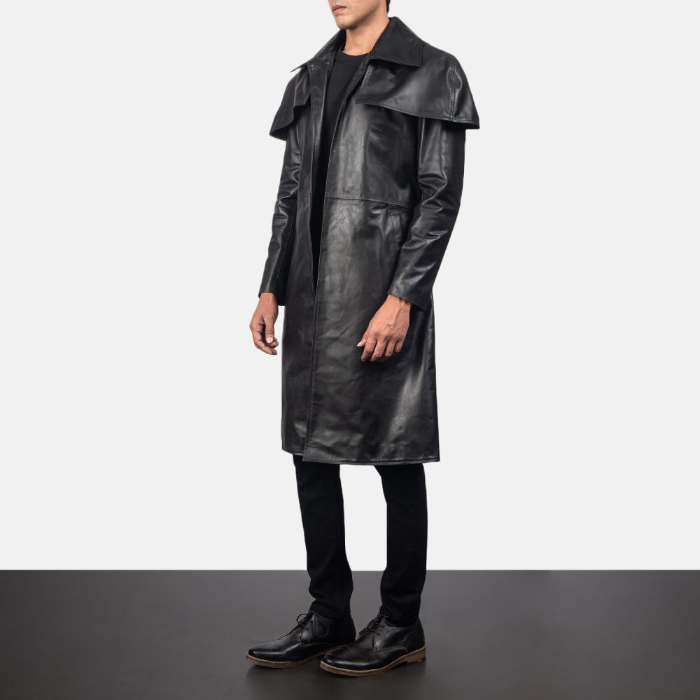 
Black Cowhide Leather Trench Coat - Vista posteriore con spalle definite e orlo pulito
