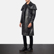 
Black Cowhide Leather Trench Coat - Vista posteriore con spalle definite e orlo pulito