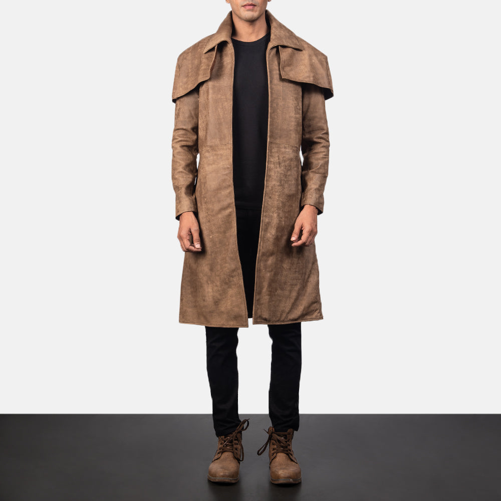 
Classic Marrone Leather Duster da Uomo in Distressed Brown Sheepskin Snuffed - Vista frontale e silhouette sartoriale | Acquista online