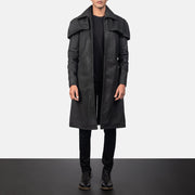 
Classic Nero Invecchiato Leather Duster da Uomo in Distressed Black Sheepskin Snuffed - Vista frontale e silhouette sartoriale | Acquista online