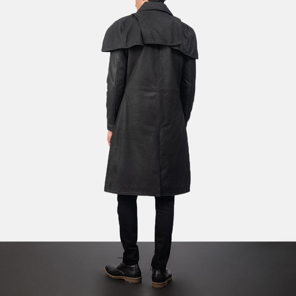 
Classic Nero Invecchiato Leather Duster da Uomo - Vista laterale che mostra il taglio ergonomico delle maniche