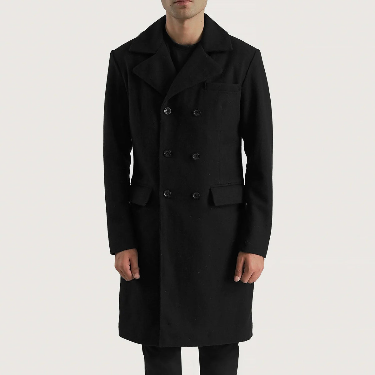 Men's Claud Black Wool Double Breasted Coat in Black Synthetic Wool - Vista frontale e linea su misura | Acquista online