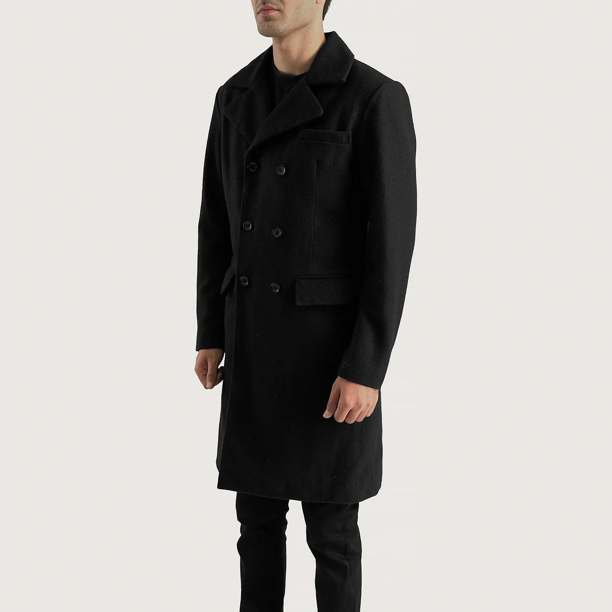 Black Synthetic Wool Trench Coat - Vista posteriore Showing Tailored Shoulder Fit &amp; Clean Hemline