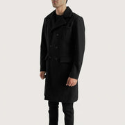 Black Synthetic Wool Trench Coat - Vista posteriore Showing Tailored Shoulder Fit &amp; Clean Hemline