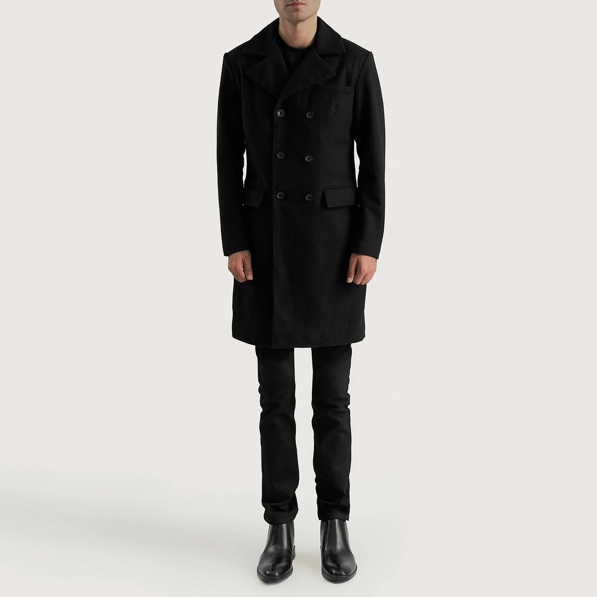 Men's Claud Black Wool Double Breasted Coat - Lateral Side Profile View Showing Sleeve Cut &amp; Athletic Taper Fit