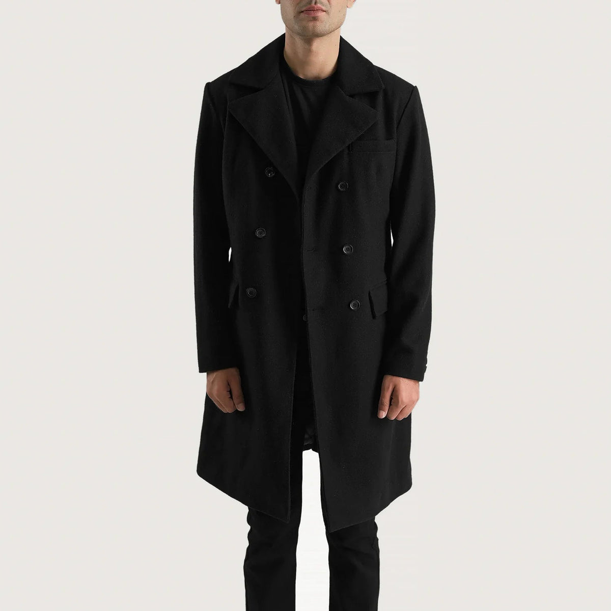 Dettaglio ravvicinato of Notch &amp; Button Hardware on Men's Claud Black Wool Double Breasted Coat