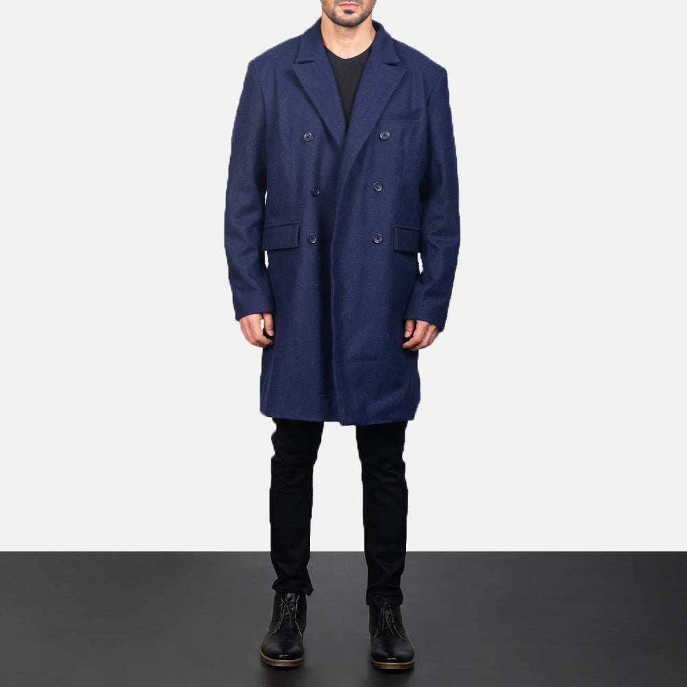 Men's Blue Wool Double Breasted Coat in Navy Blue Synthetic Wool - Vista frontale e linea su misura | Acquista online