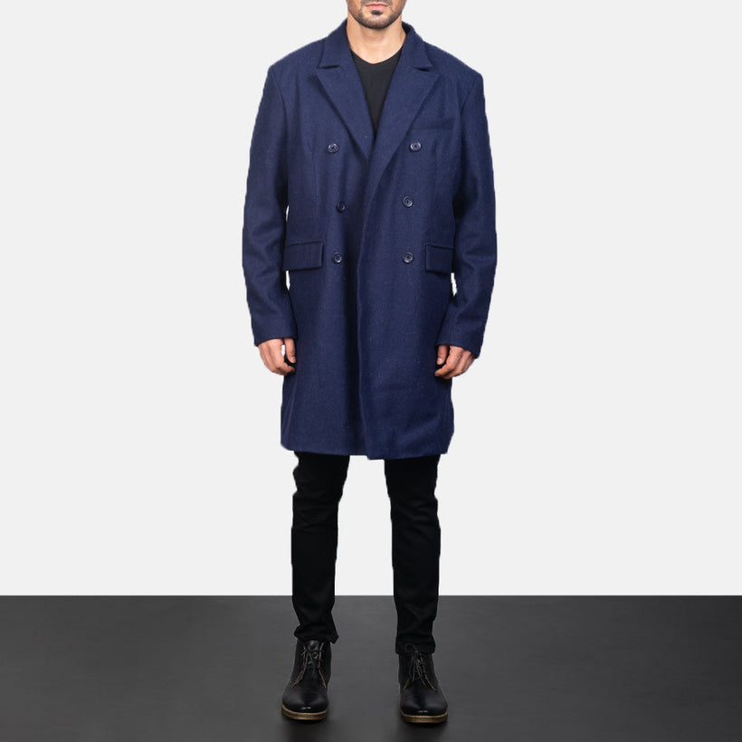 Claud Blu Wool Double-Breasted Cappotto in Pelle da Uomo