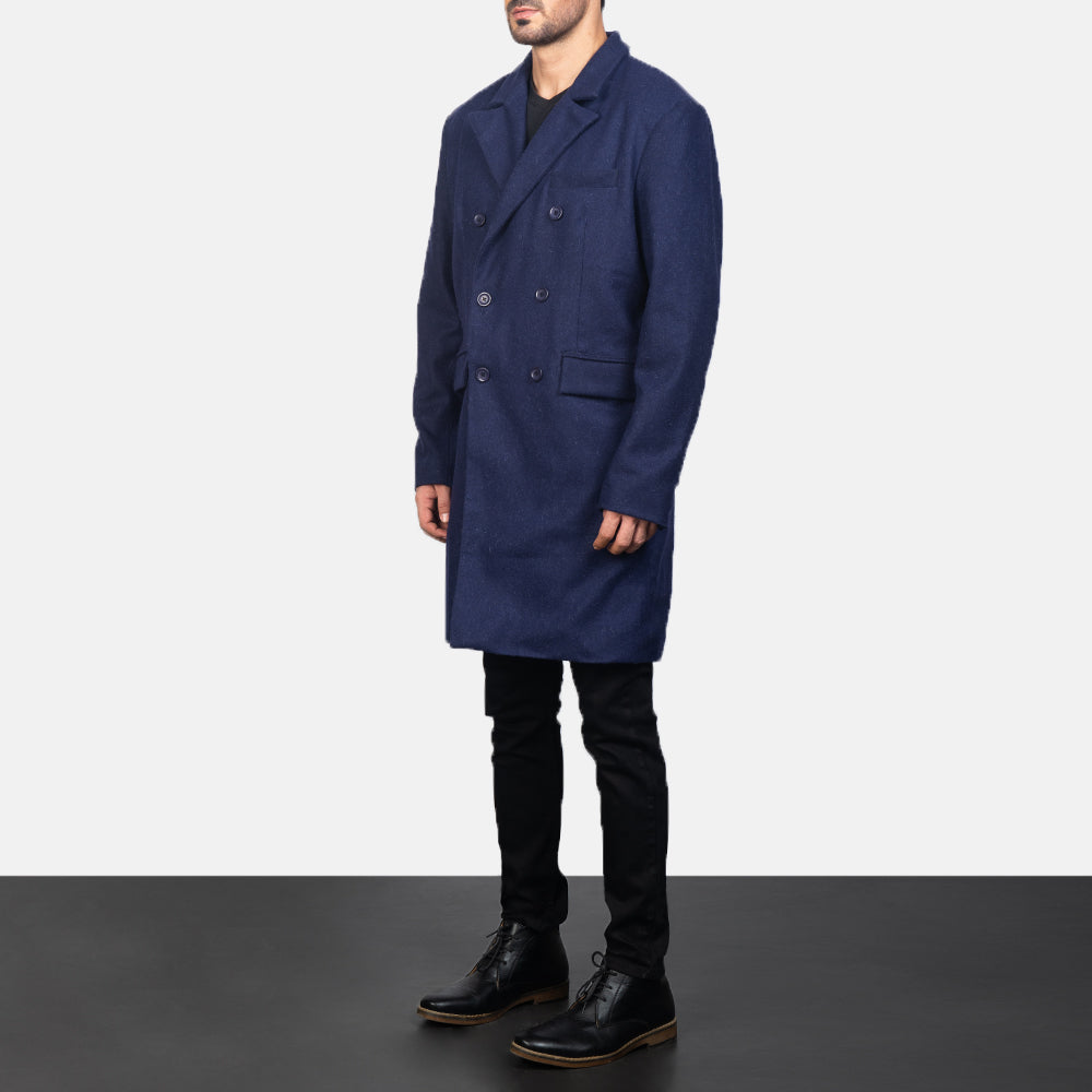 Navy Blue Synthetic Wool Trench Coat - Vista posteriore Showing Tailored Shoulder Fit &amp; Clean Hemline