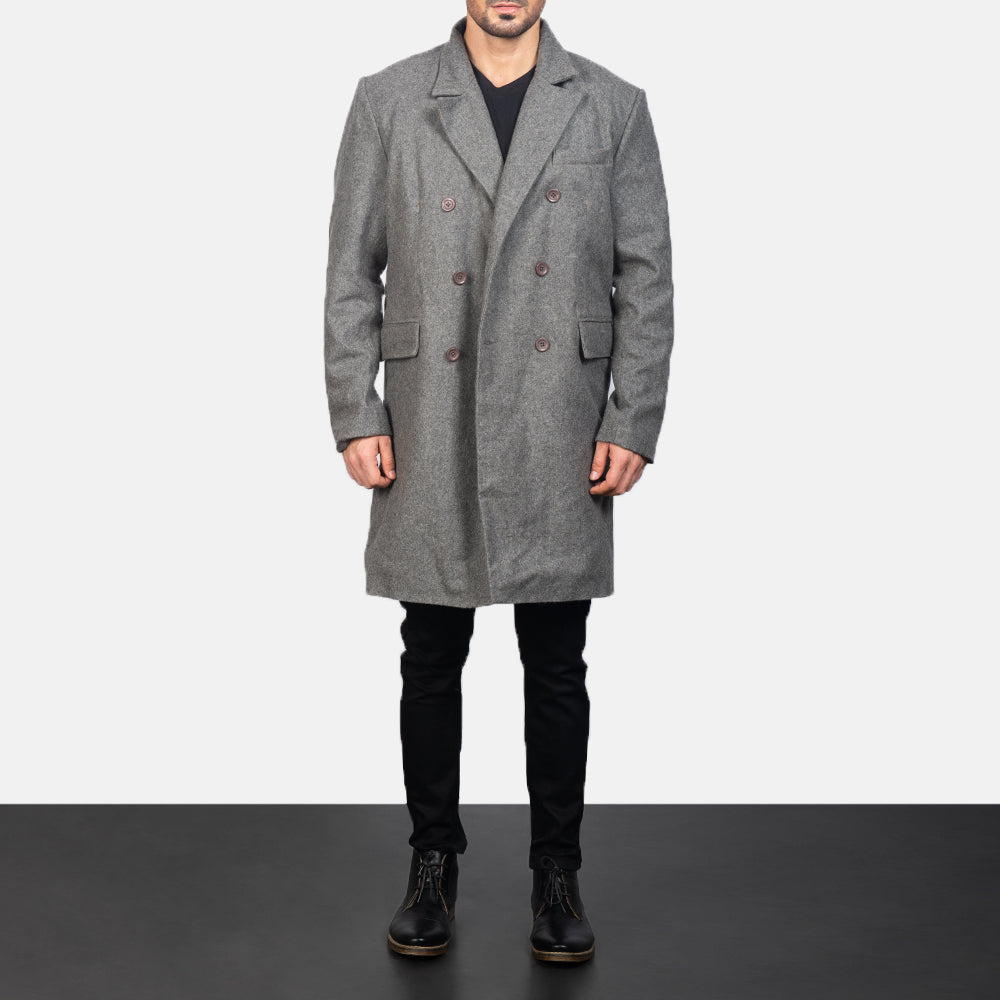 Men's Claud Grey Wool Double Breasted Coat in Grey Synthetic Wool - Vista frontale e linea su misura | Acquista online