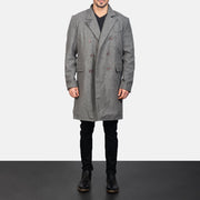 Men's Claud Grey Wool Double Breasted Coat in Grey Synthetic Wool - Vista frontale e linea su misura | Acquista online