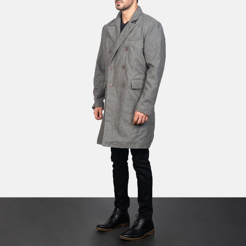 Claud Grigio Wool Double-Breasted Cappotto in Pelle da Uomo
