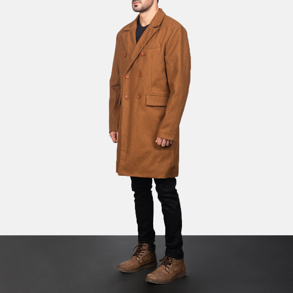 Khaki Synthetic Wool Trench Coat - Vista posteriore Showing Tailored Shoulder Fit &amp; Clean Hemline