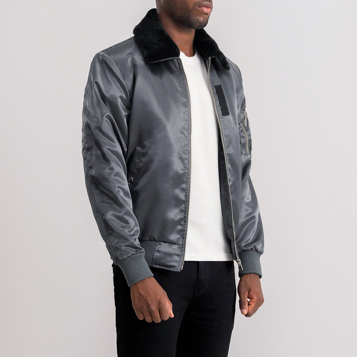 Grey Satin Bomber Jacket - Vista posteriore Showing Tailored Shoulder Fit &amp; Clean Hemline