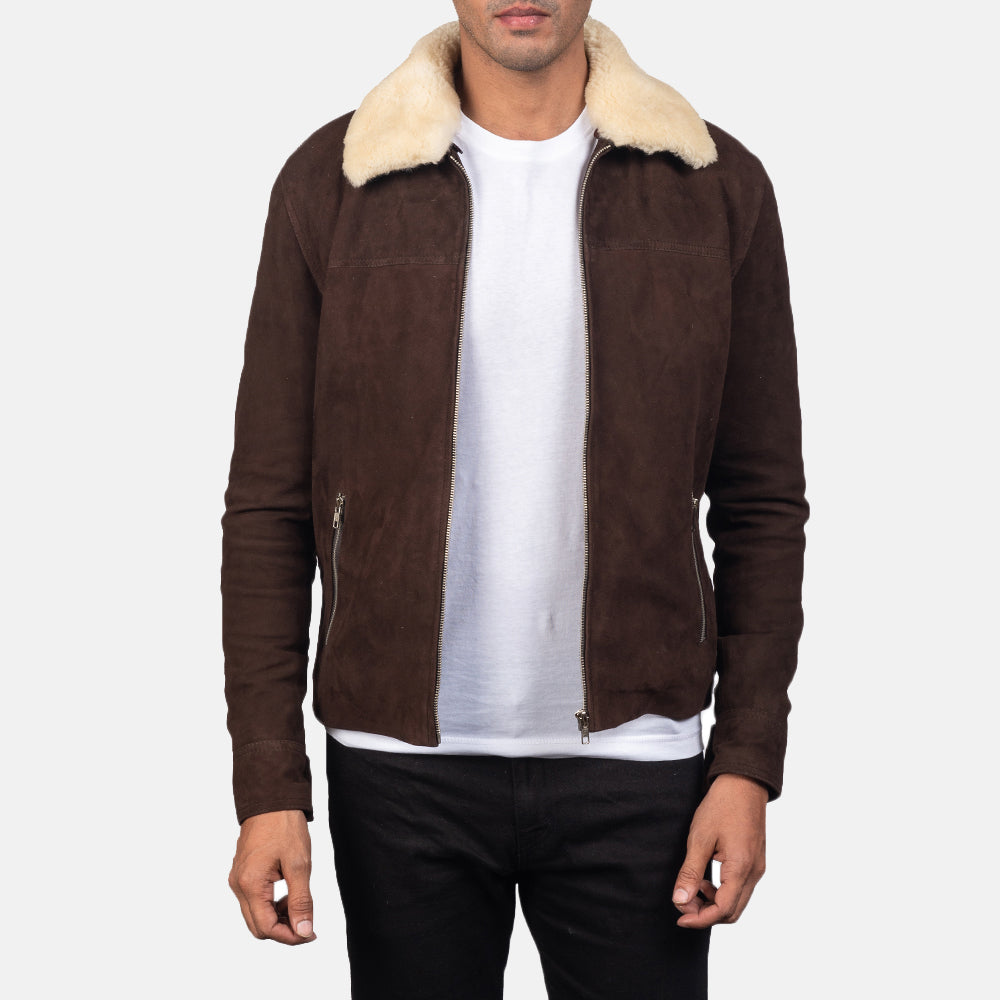 Men's Coffner Marrone Shearling Fur Giacca in Pelle da Uomo in Distressed Brown Goatskin Suede - Vista frontale e linea su misura | Acquista online