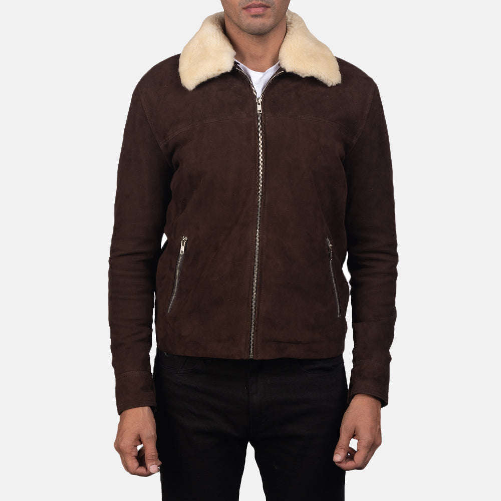 Dettaglio ravvicinato of Shirt with Removable Fur Collar &amp; Zipper Hardware on Men's Coffner Marrone Shearling Fur Giacca in Pelle da Uomo