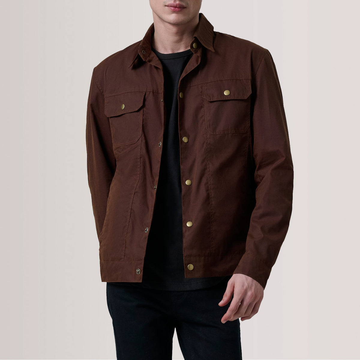 Colberto Marrone Waxed Canvas Trucker Giacca in Pelle da Uomo For Men in Brown Waxed Cotton Canvas - Vista frontale e linea su misura | Acquista online