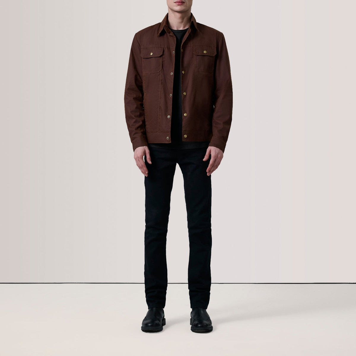 Brown Waxed Cotton Canvas Leather Jacket - Vista posteriore Showing Tailored Shoulder Fit &amp; Clean Hemline