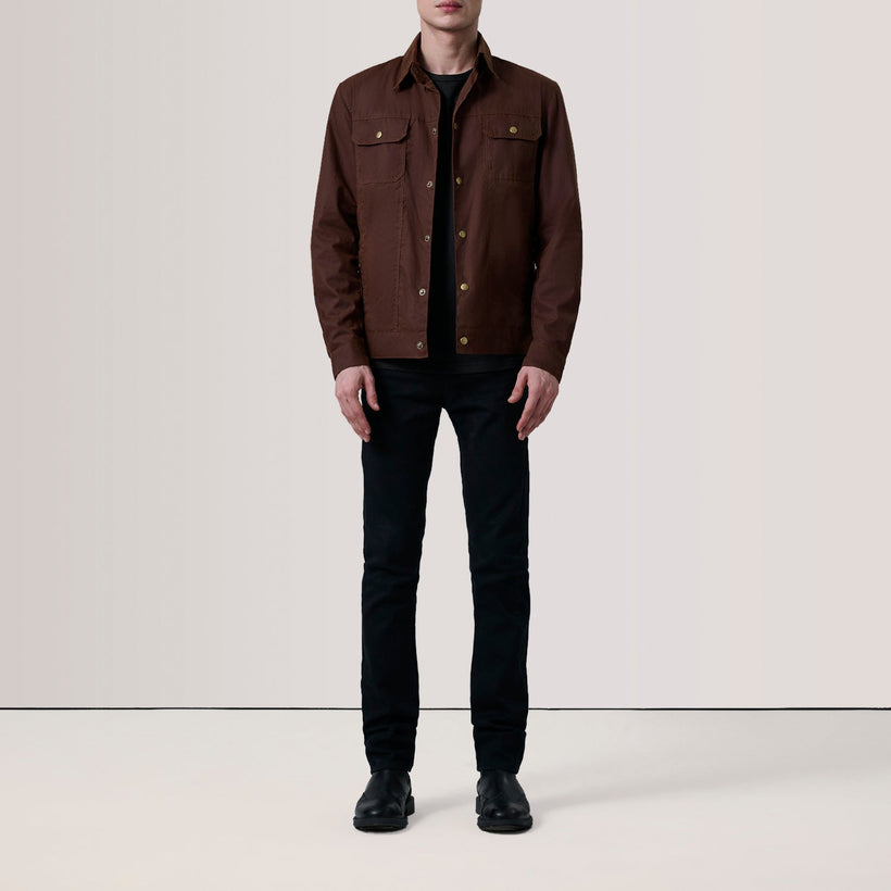 Colberto Marrone Waxed Canvas Trucker Giacca in Pelle da Uomo