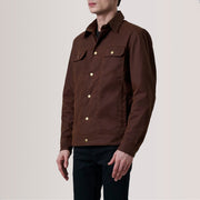 Colberto Marrone Waxed Canvas Trucker Giacca in Pelle da Uomo For Men - Lateral Side Profile View Showing Sleeve Cut &amp; Athletic Taper Fit