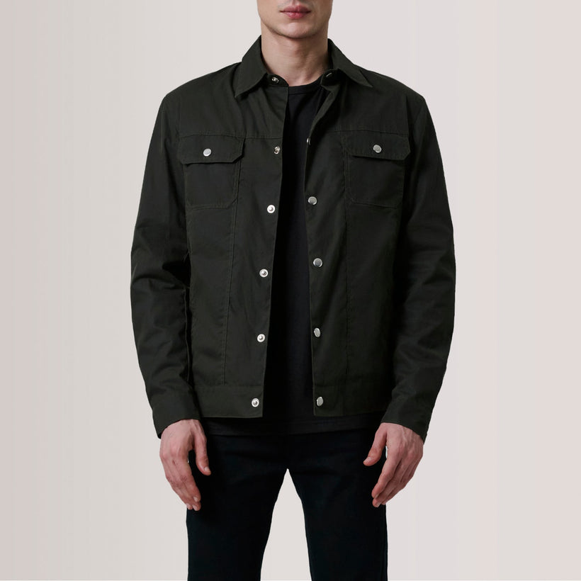 Colberto Olive Waxed Canvas Trucker Giacca in Pelle da Uomo