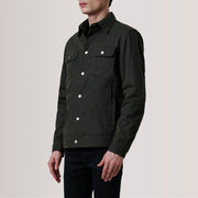 
Colberto Olive Waxed Canvas Trucker Giacca in Pelle da Uomo For Men - Vista laterale che mostra il taglio ergonomico delle maniche