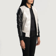 
Silver & Black Sheepskin Leather Bomber Jacket - Vista posteriore con spalle definite e orlo pulito