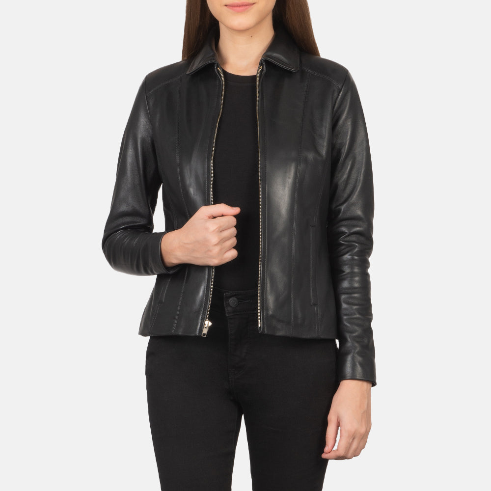 Women Colette Nero Giacca in Pelle da Donna in Black Sheepskin Leather - Vista frontale e linea su misura | Acquista online