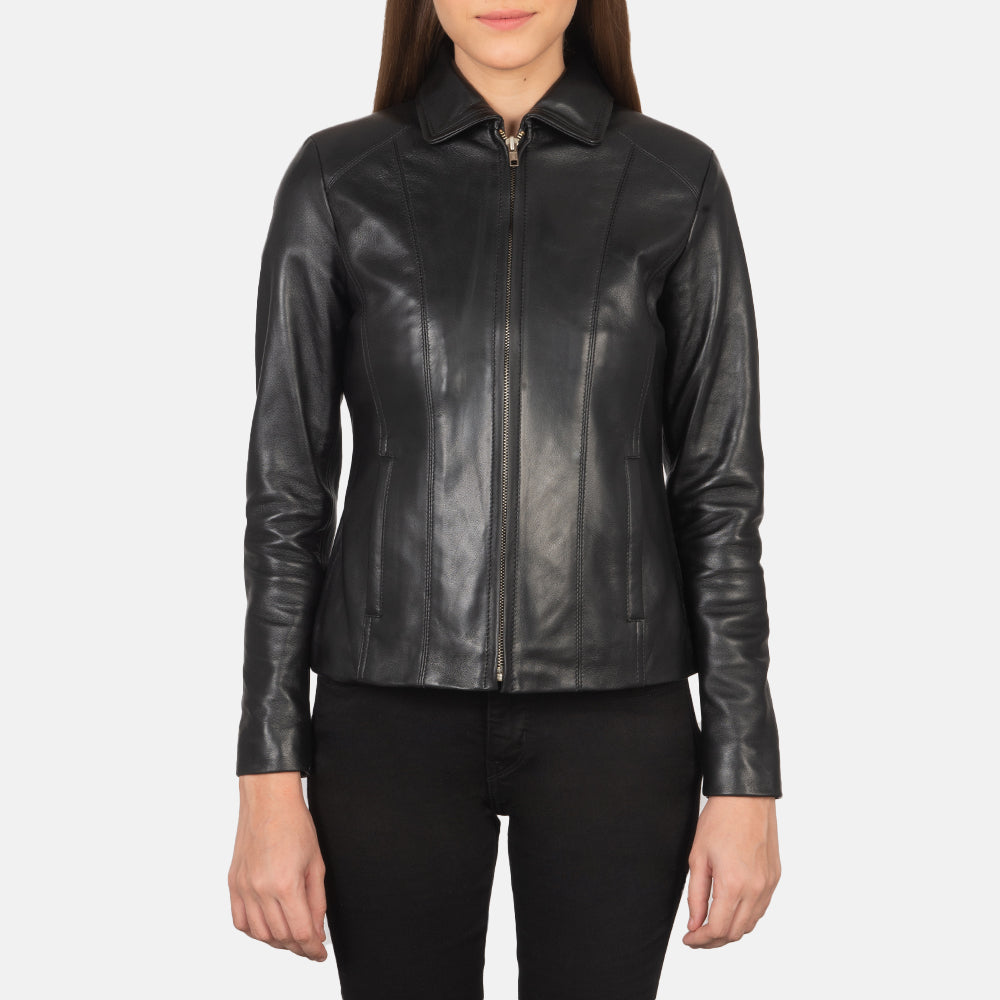 Black Sheepskin leather Jacket - Vista posteriore Showing Tailored Shoulder Fit &amp; Clean Hemline
