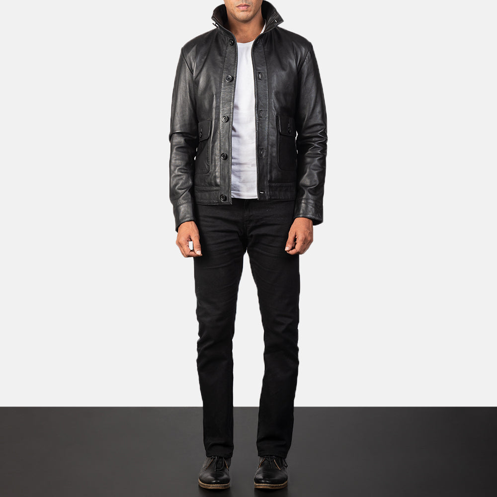 Close-Up Detail of High-neck Buttoned & Button Hardware on Norman Black Hooded Bomber Leather Puffer Jacket