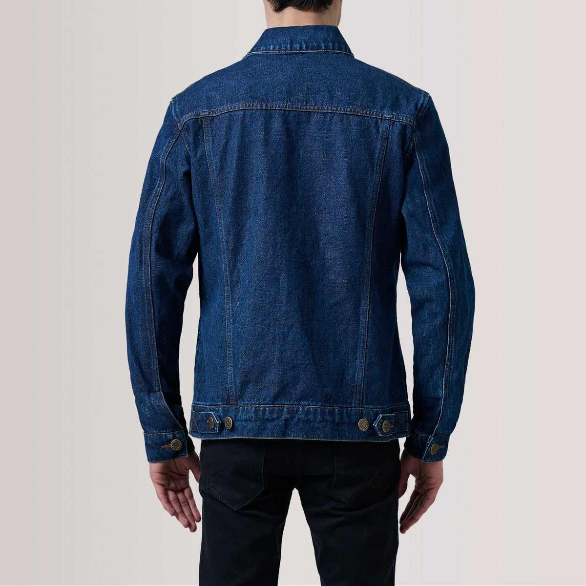 
Dettaglio ravvicinato of Classic Collar & Heavy-Duty Zipper Hardware on Conard Dark Blu Denim Trucker Giacca in Pelle da Uomo For Men