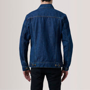 
Dettaglio ravvicinato of Classic Collar & Heavy-Duty Zipper Hardware on Conard Dark Blu Denim Trucker Giacca in Pelle da Uomo For Men