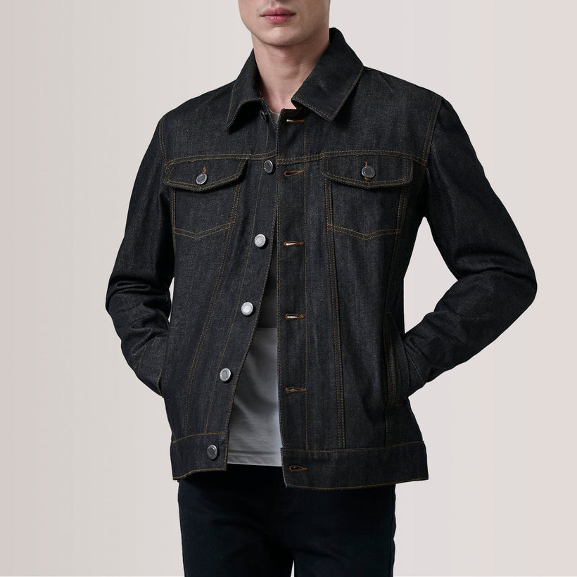 Conard Faded Nero Denim Trucker Giacca in Pelle da Uomo