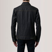 
Dettaglio ravvicinato of Classic Collar & Heavy-Duty Zipper Hardware on Conard Faded Nero Denim Trucker Giacca in Pelle da Uomo For Men