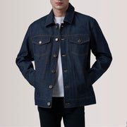 Conard Ash Grey Denim Trucker Jacket For Men in Indigo Blue Full-Grain Leather - Vista frontale e linea su misura | Acquista online