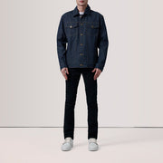 Indigo Blue Full-Grain leather Jacket - Vista posteriore Showing Tailored Shoulder Fit &amp; Clean Hemline