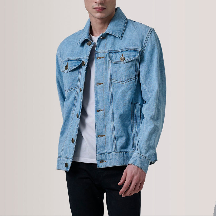 Conard Light Blu Denim Trucker Giacca in Pelle da Uomo