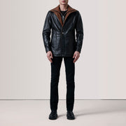 Black Sheepskin leather Coat - Vista posteriore Showing Tailored Shoulder Fit &amp; Clean Hemline