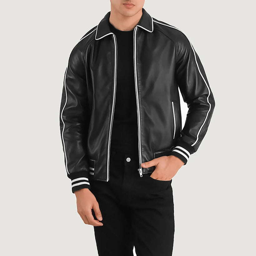 Cooper Nero Leather Varsity Giacca in Pelle da Uomo