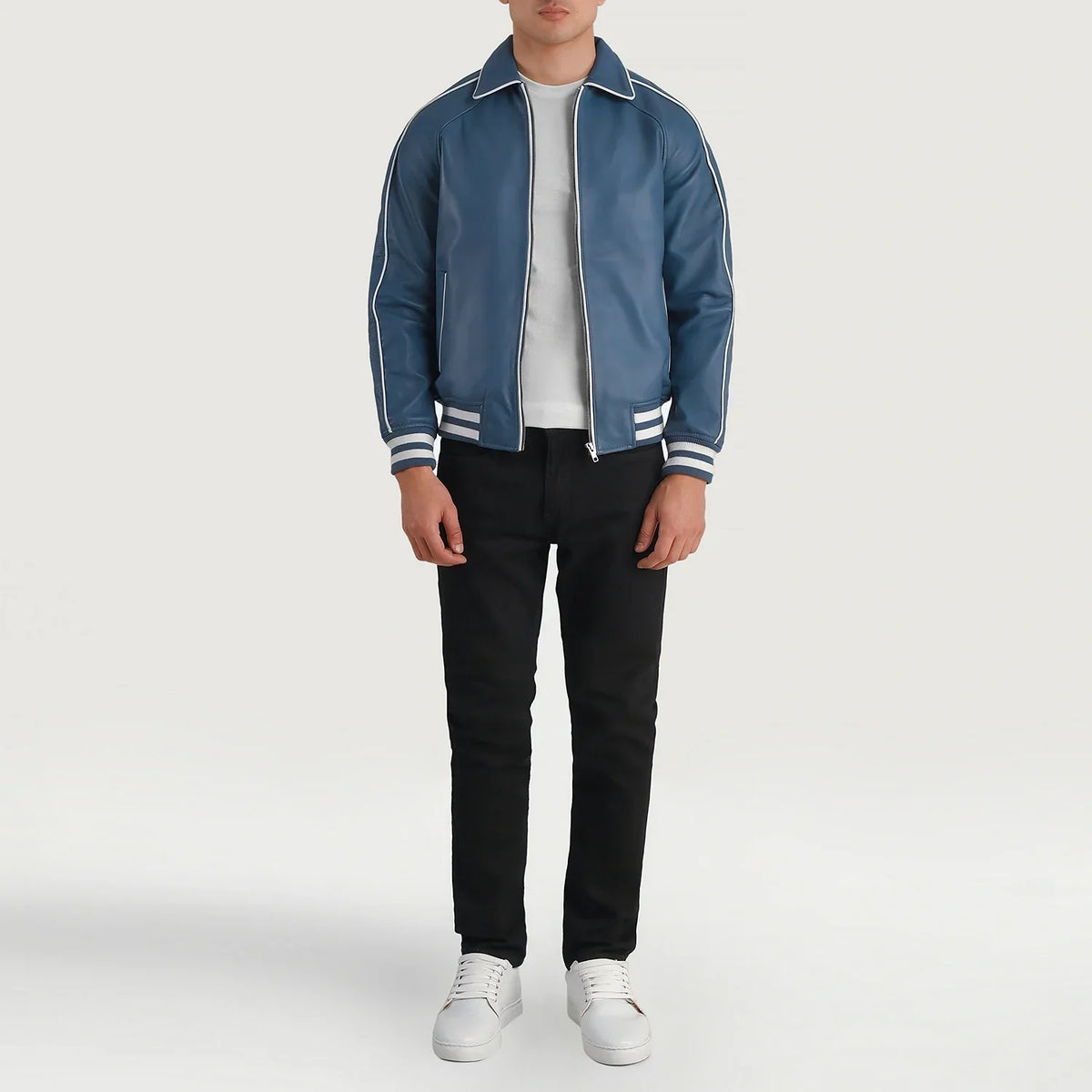 Cooper Blu Leather Varsity Giacca in Pelle da Uomo - Lateral Side Profile View Showing Sleeve Cut &amp; Athletic Taper Fit