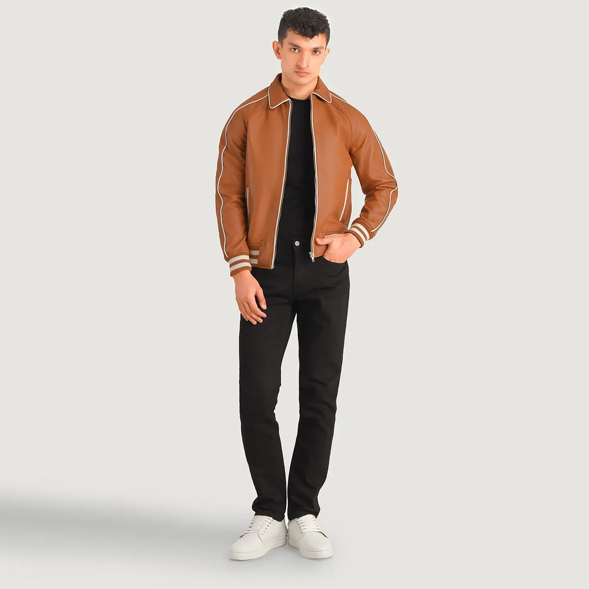 Cooper Cuoio Marrone Leather Varsity Giacca in Pelle da Uomo in Tan Brown Sheepskin Leather - Vista frontale e linea su misura | Acquista online