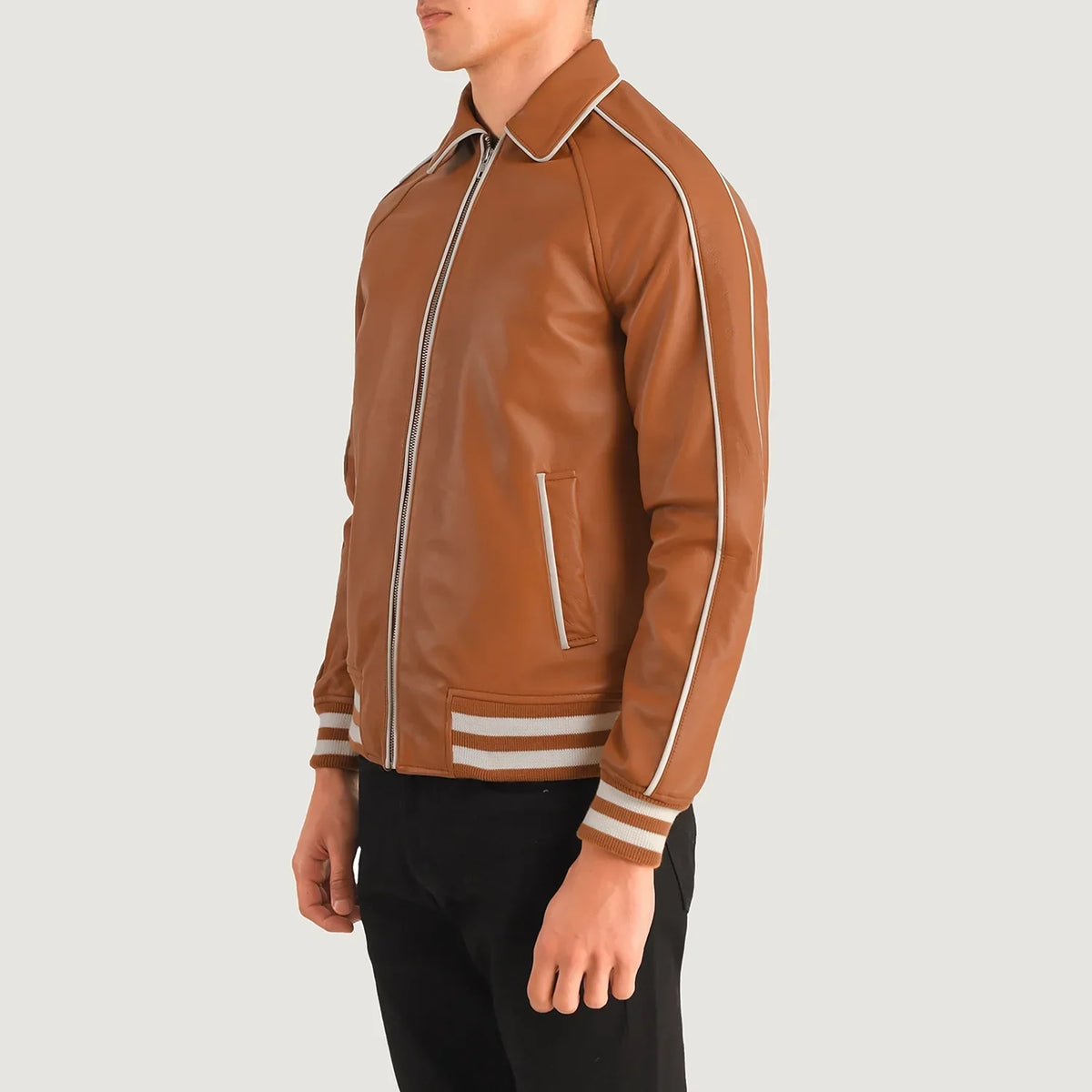 Tan Brown Sheepskin Leather Varsity Jacket - Vista posteriore Showing Tailored Shoulder Fit &amp; Clean Hemline