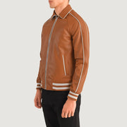 Tan Brown Sheepskin Leather Varsity Jacket - Vista posteriore Showing Tailored Shoulder Fit &amp; Clean Hemline