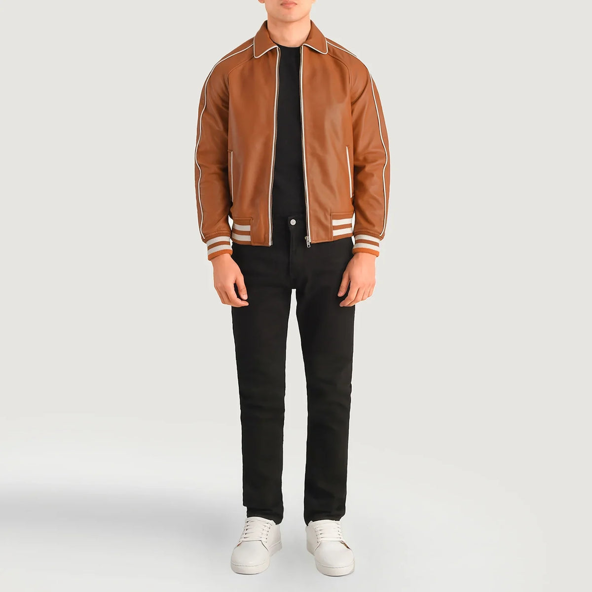 Cooper Cuoio Marrone Leather Varsity Giacca in Pelle da Uomo - Lateral Side Profile View Showing Sleeve Cut &amp; Athletic Taper Fit