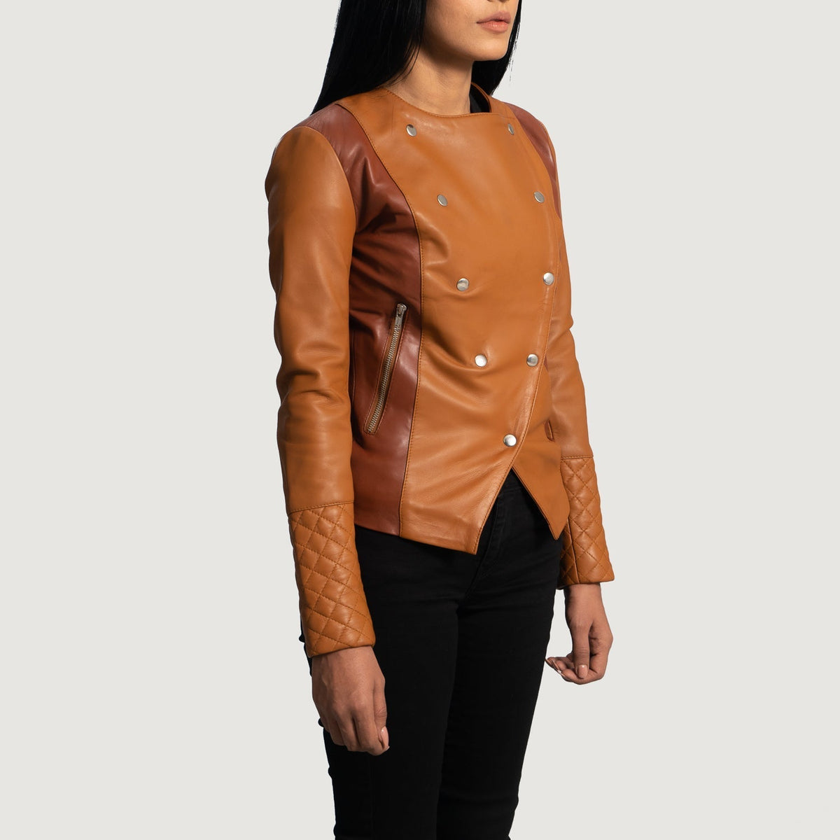 Tan Brown Sheepskin Leather Biker Jacket - Vista posteriore Showing Tailored Shoulder Fit &amp; Clean Hemline