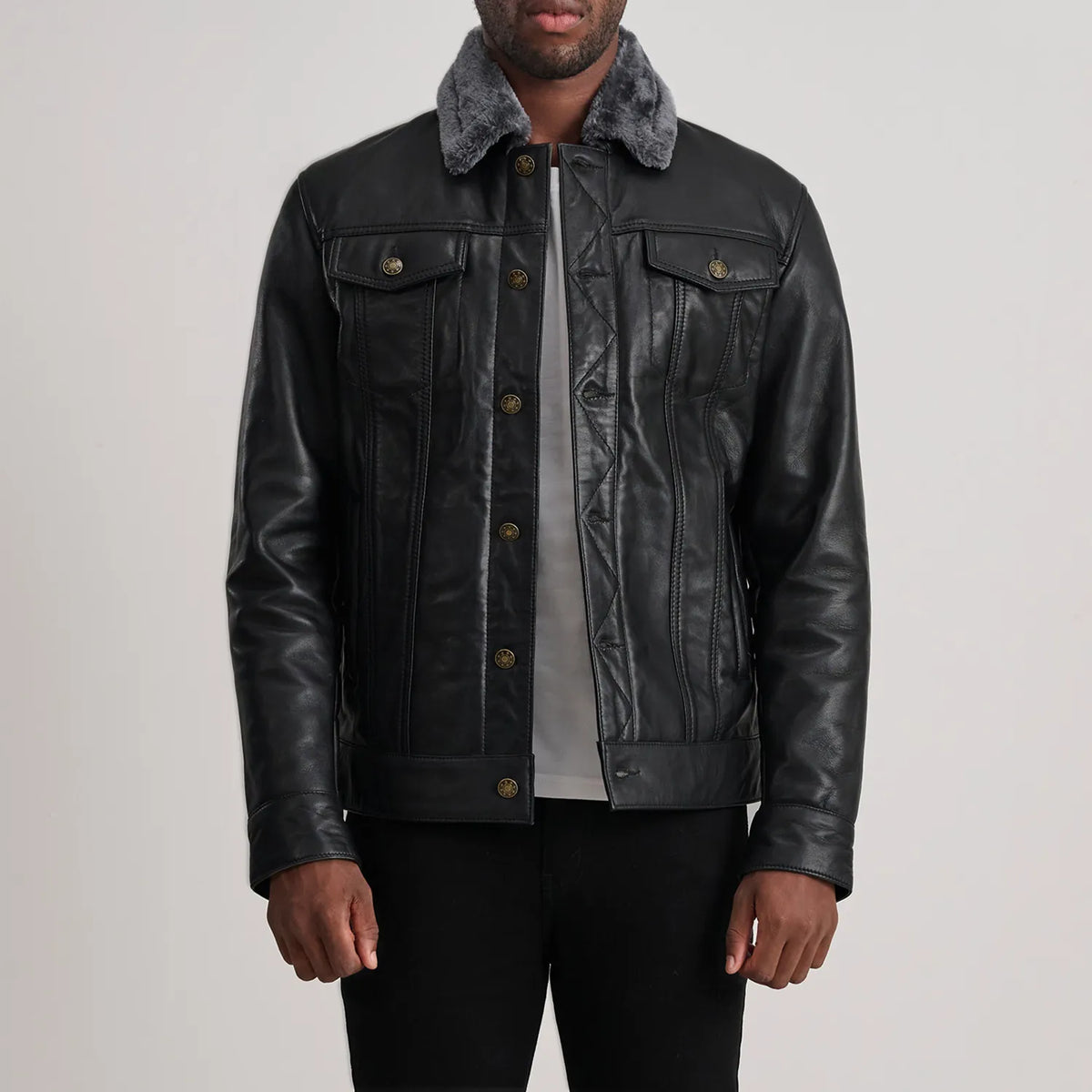 Dallis Nero Leather Shearling Trucker Giacca in Pelle da Uomo in Black Sheepskin Leather - Vista frontale e linea su misura | Acquista online