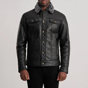Dettaglio ravvicinato of Classic Collar &amp; Button Hardware on Dallis Nero Leather Shearling Trucker Giacca in Pelle da Uomo