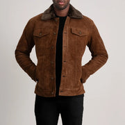 Dallis Marrone Suede Shearling Trucker Giacca in Pelle da Uomo in Brown Goatskin Suede - Vista frontale e linea su misura | Acquista online