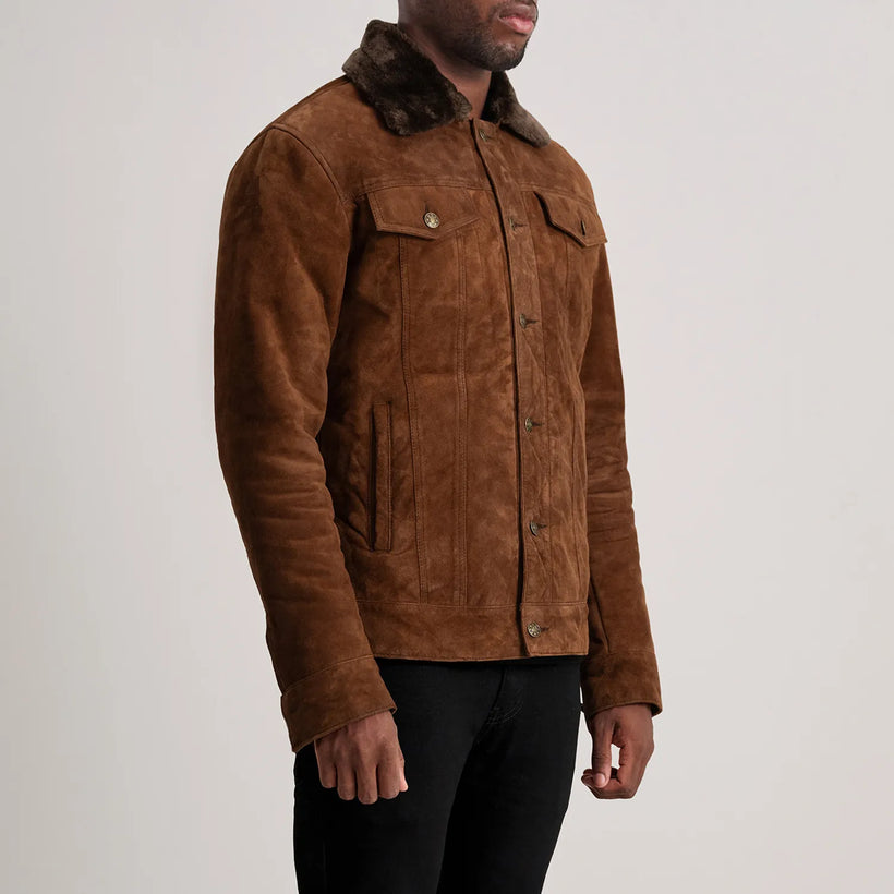 Dallis Marrone Suede Shearling Trucker Giacca in Pelle da Uomo